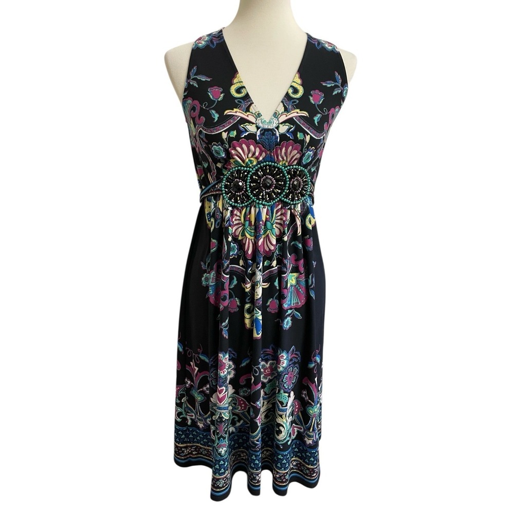 ECI New York Sleeveless Embellished Women's Dress Size 6 Boho Tie Back Stretch